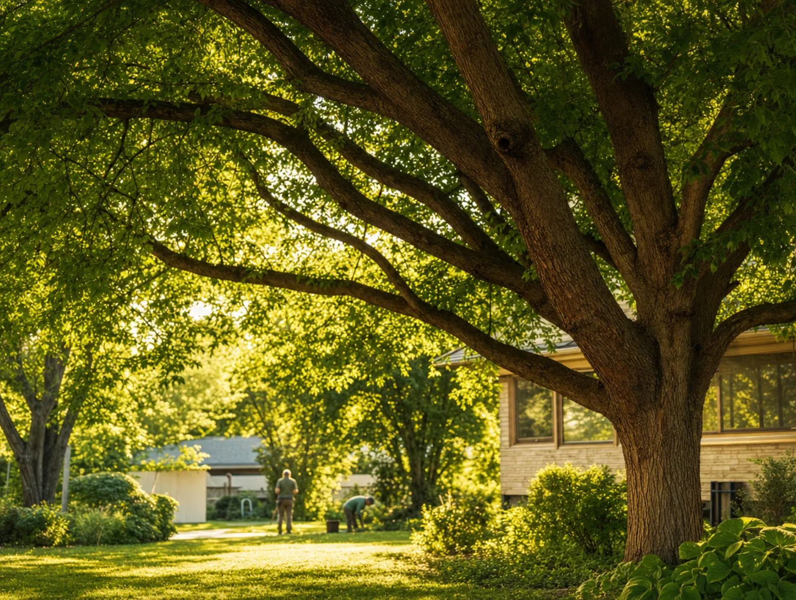 Healthy backyard tree canopy in golden-hour light
