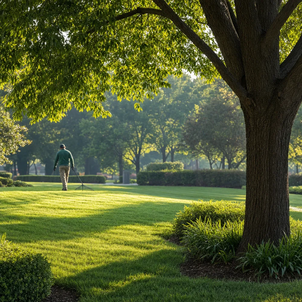 Freshly raked lawn after a tree service job