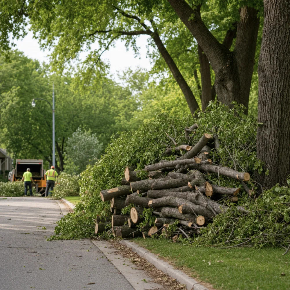 Downed limbs neatly piled at the curb after storm cleanup